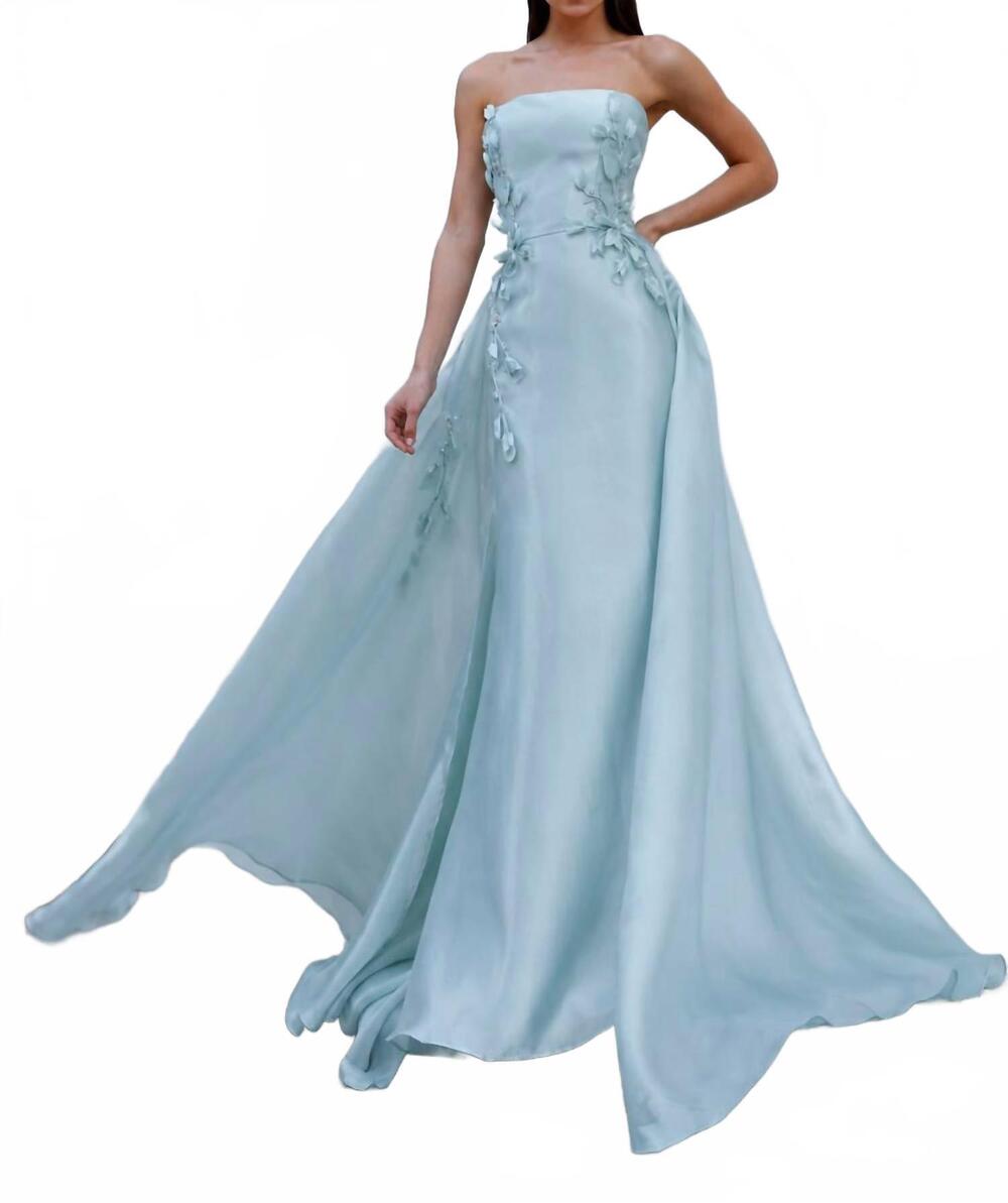 NEW TERANI COUTURE straight neck crepe back satin a-line gown in light blue